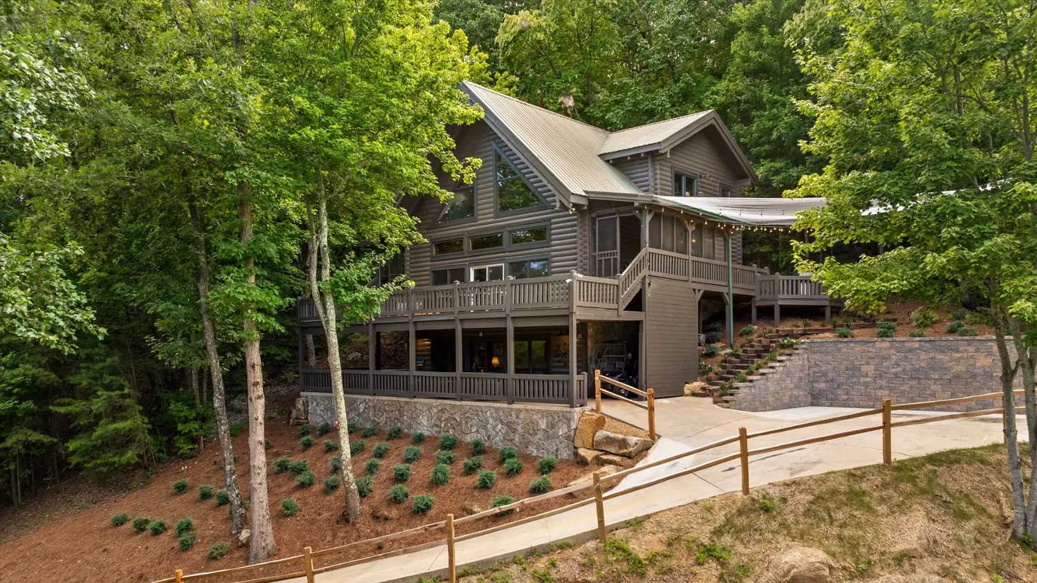 The Eyrie House from the drive, with covered porches on every level
